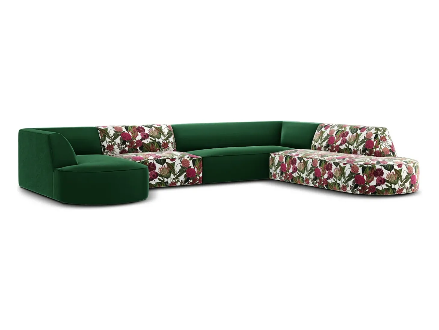 CXL by Christian Lacroix - Sofá de canto direito panorâmico "Charles" 7 lugares em veludo padrão de rosas de jardim, verde - 366x273x69cm