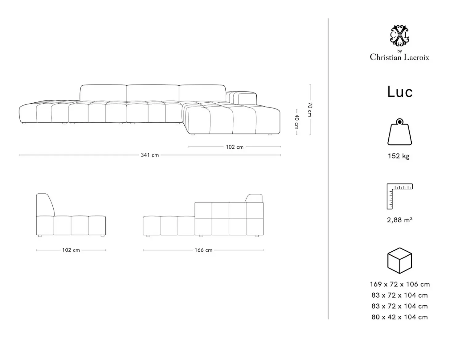 CXL by Christian Lacroix - Sofá de canto direito "Luc" 5 lugares em veludo bege escuro - 341x166x70cm