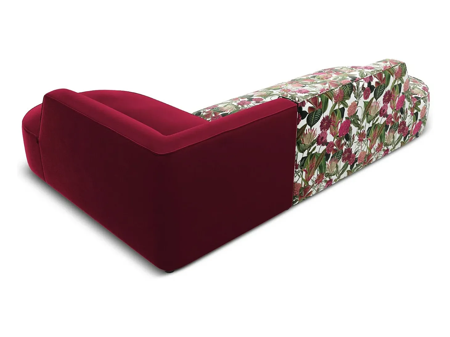 CXL by Christian Lacroix - Sofá de canto direito "Charles" 4 lugares em veludo padrão de rosas de jardim, vermelho - 273x180x69cm