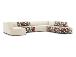 CXL by Christian Lacroix - Sofá de canto direito panorâmico "Charles" 7 lugares em veludo padrão de rosas de jardim, bege - 366x273x69cm