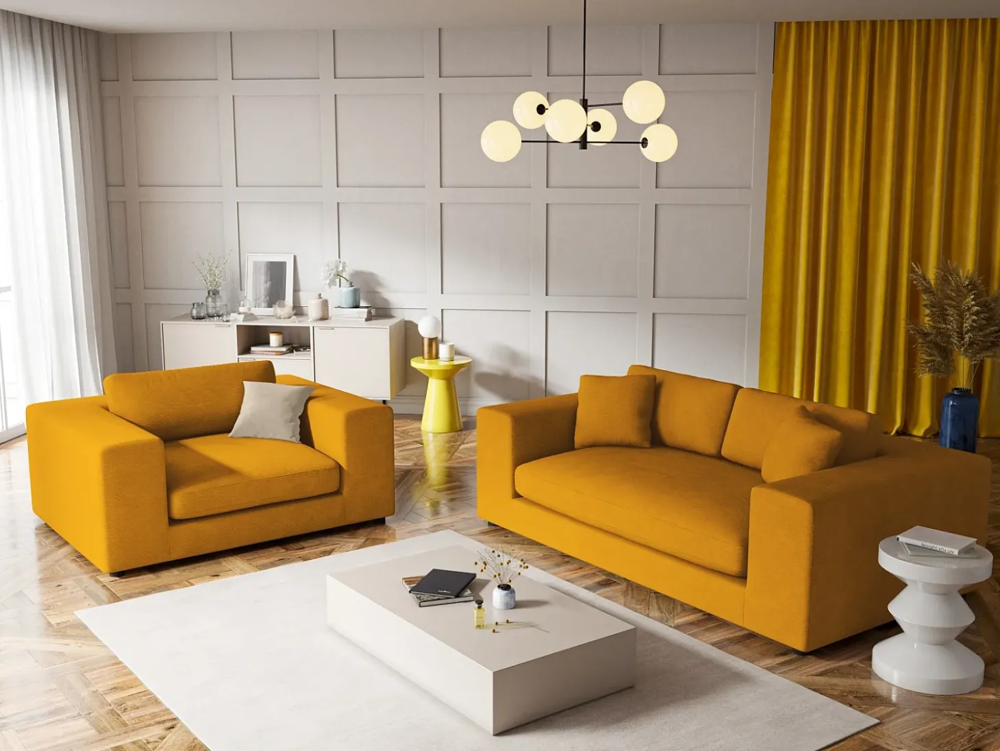 CXL by Christian Lacroix - Sofá "Tendance" 3 lugares em veludo cotelê amarelo - 220x122x72cm