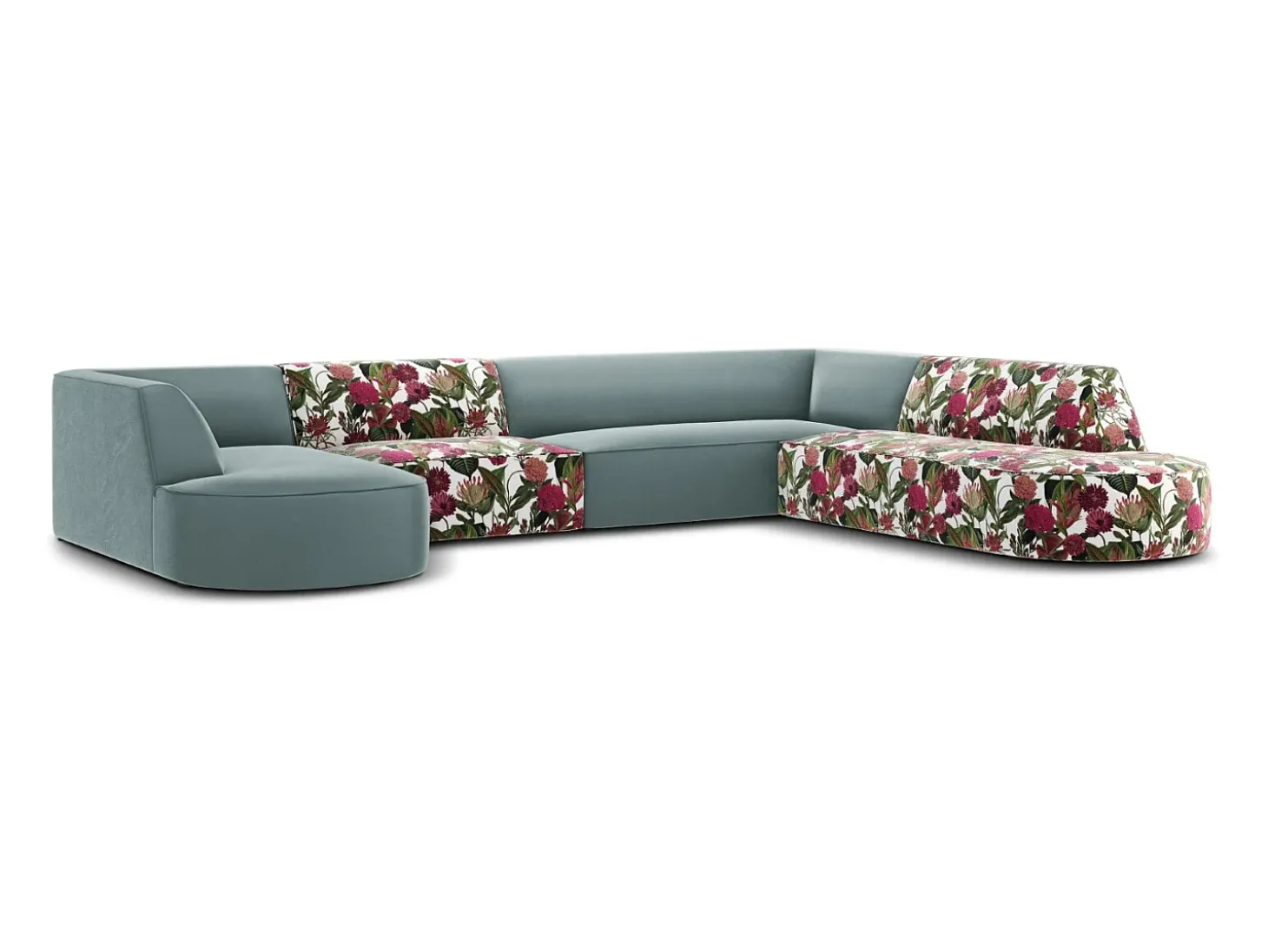 CXL by Christian Lacroix - Sofá de canto direito panorâmico "Charles" 7 lugares em veludo padrão rosa jardim, menta - 366x273x69cm