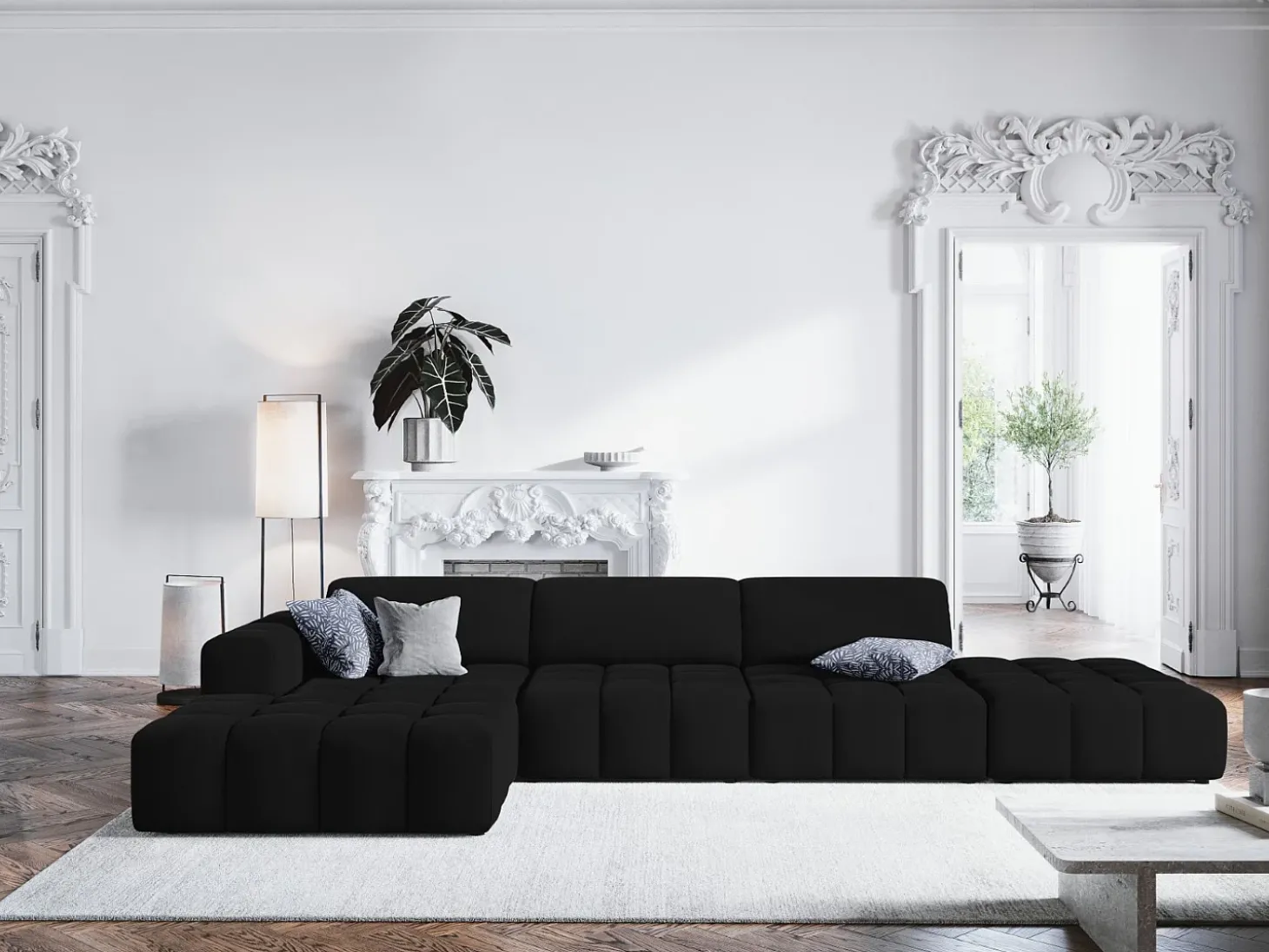 CXL by Christian Lacroix - Sofá de canto esquerdo "Luc" 5 lugares em veludo preto - 341x166x70cm