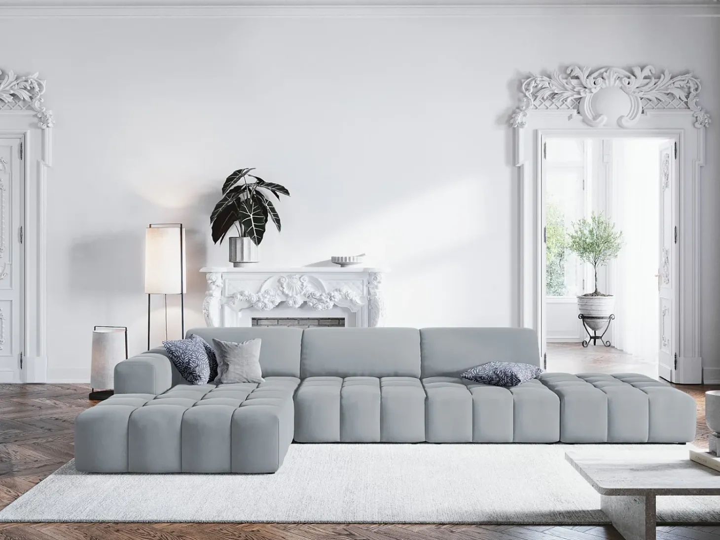 CXL by Christian Lacroix - Sofá de canto esquerdo "Luc" 5 lugares em veludo azul claro - 341x166x70cm