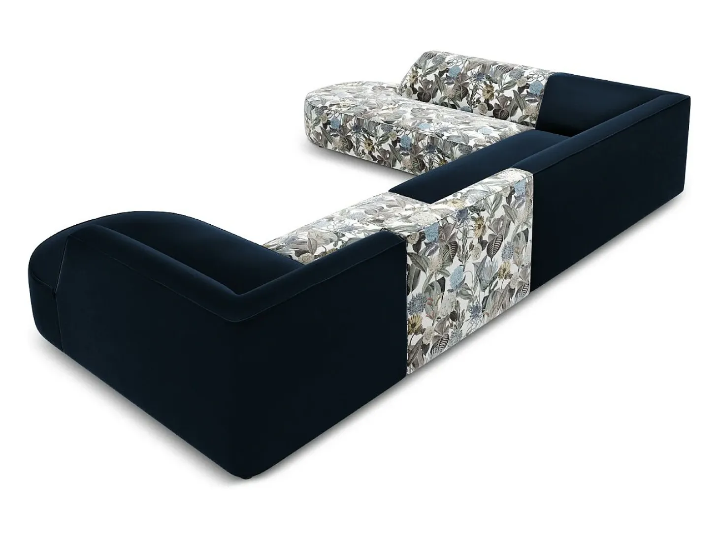 CXL by Christian Lacroix - Sofá de canto panorâmico à esquerda "Charles" 7 lugares em veludo padrão jardim: azul-claro, azul-escuro - 366x273x69cm