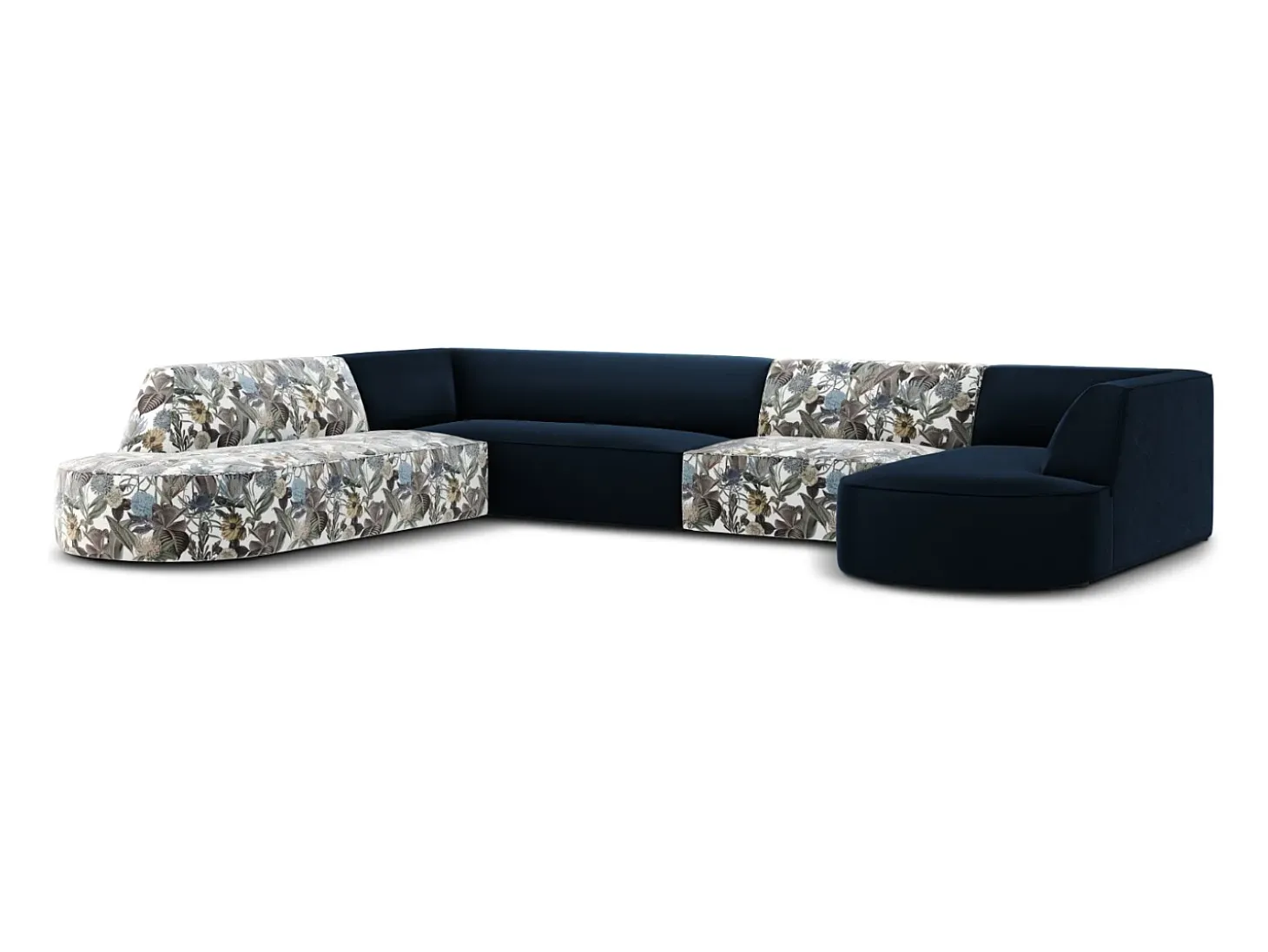 CXL by Christian Lacroix - Sofá de canto panorâmico à esquerda "Charles" 7 lugares em veludo padrão jardim: azul-claro, azul-escuro - 366x273x69cm
