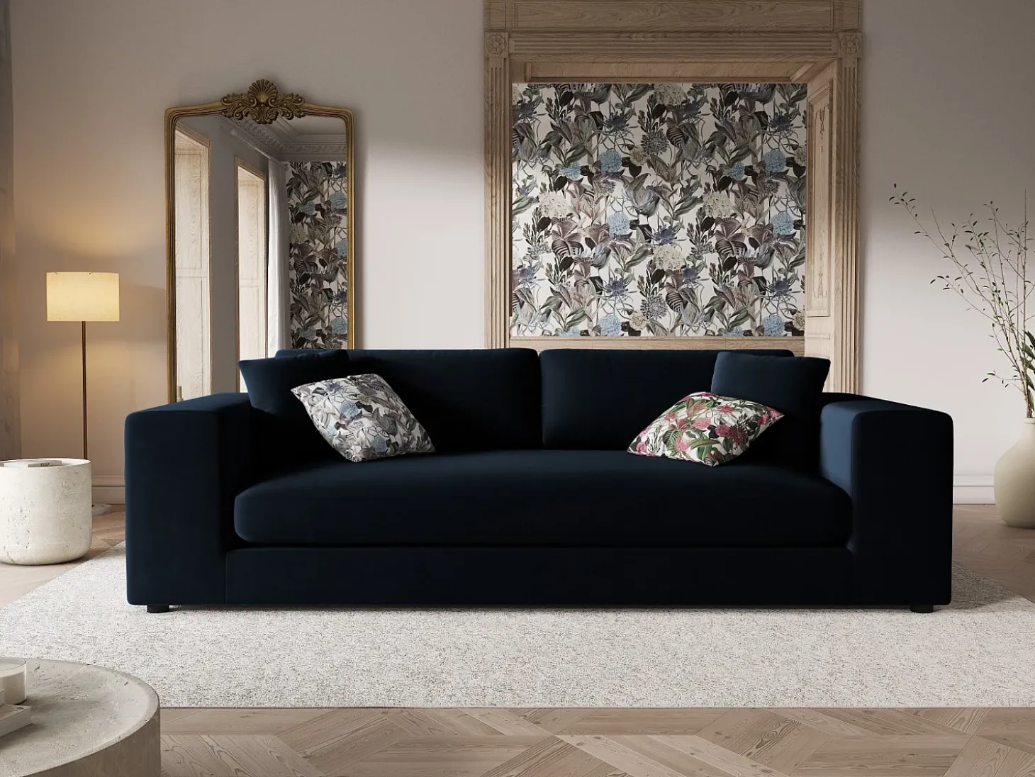 CXL by Christian Lacroix - Sofá "Tendance" 4 lugares em veludo azul escuro - 262x122x72cm