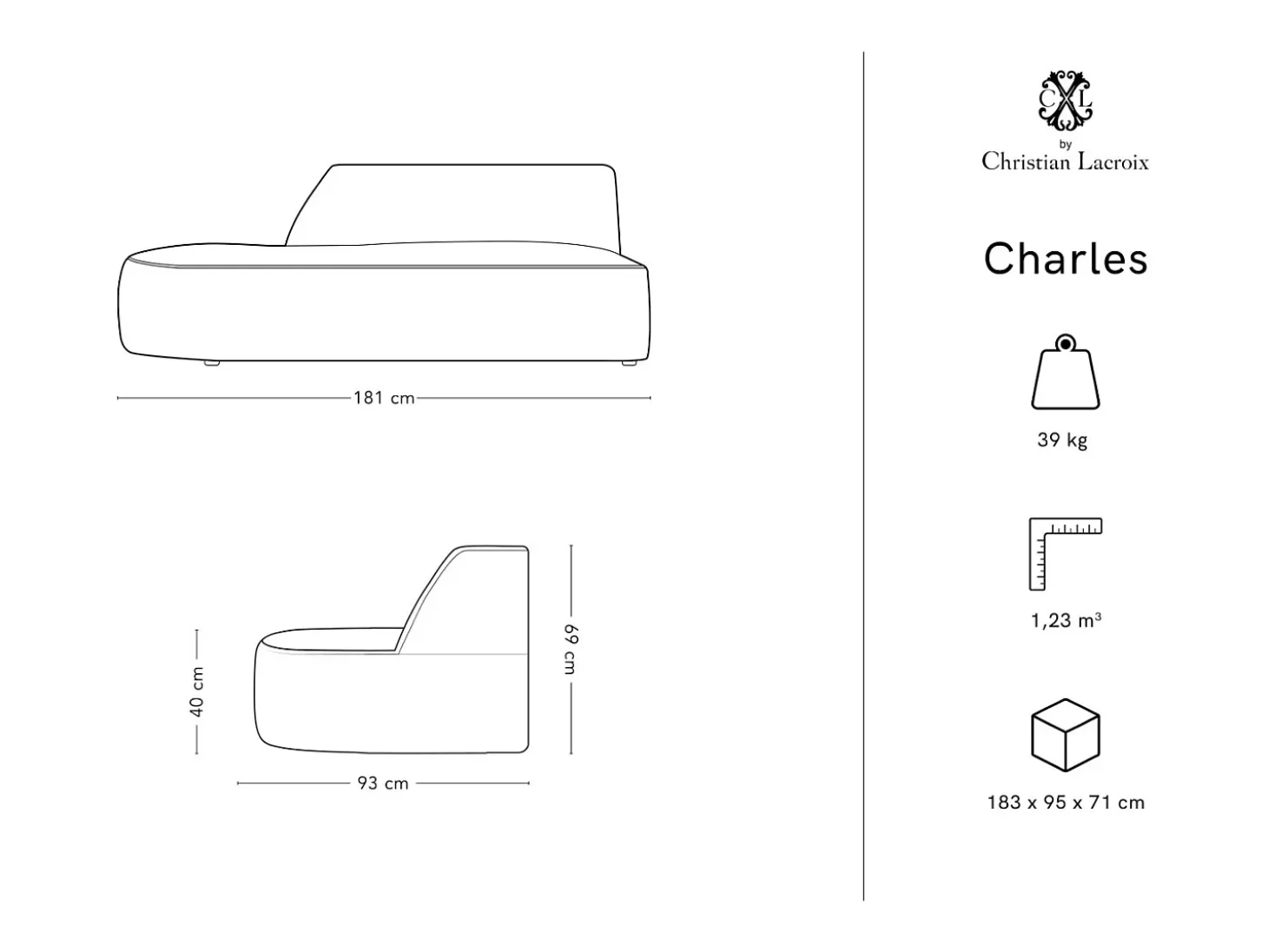 CXL by Christian Lacroix - Sofá modular virado para a esquerda "Charles" 2 lugares em veludo rosa - 181x93x69cm