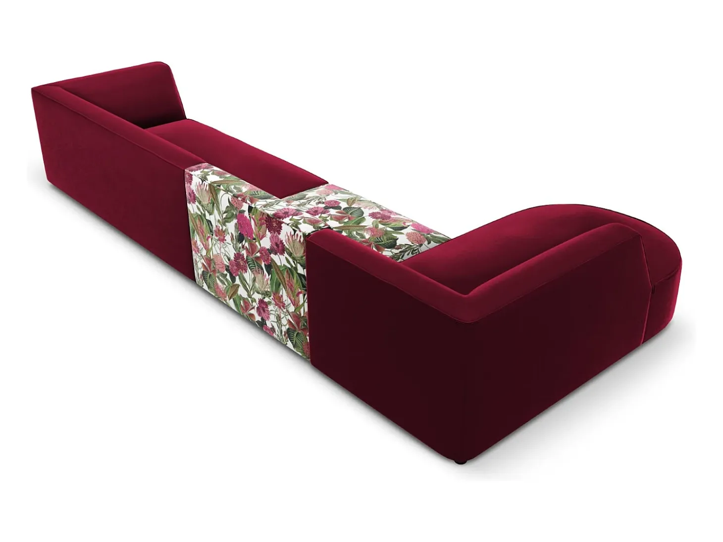 CXL by Christian Lacroix - Sofá de canto esquerdo "Charles" 5 lugares em veludo padrão de rosas de jardim, vermelho - 366x180x69cm