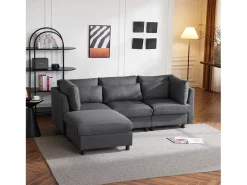 Design moderno, mobiliário estofado, sofá de 3 lugares, sofá de canto em forma de L com apoio para os pés, cinzento