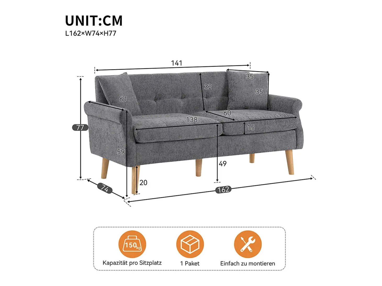 Design moderno, móveis estofados, sofá duplo, sofá estofado com almofadas grossas, cinzento