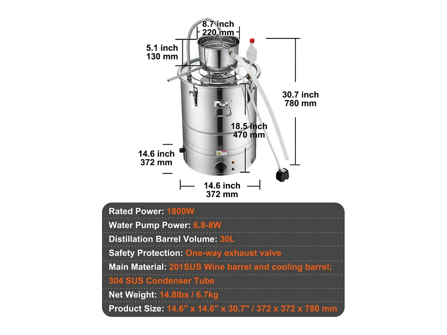 Destilador de Álcool SucceBuy Destilador de Água sem Gás e Álcool de 34 L com Barril Thumper e Bomba de Água