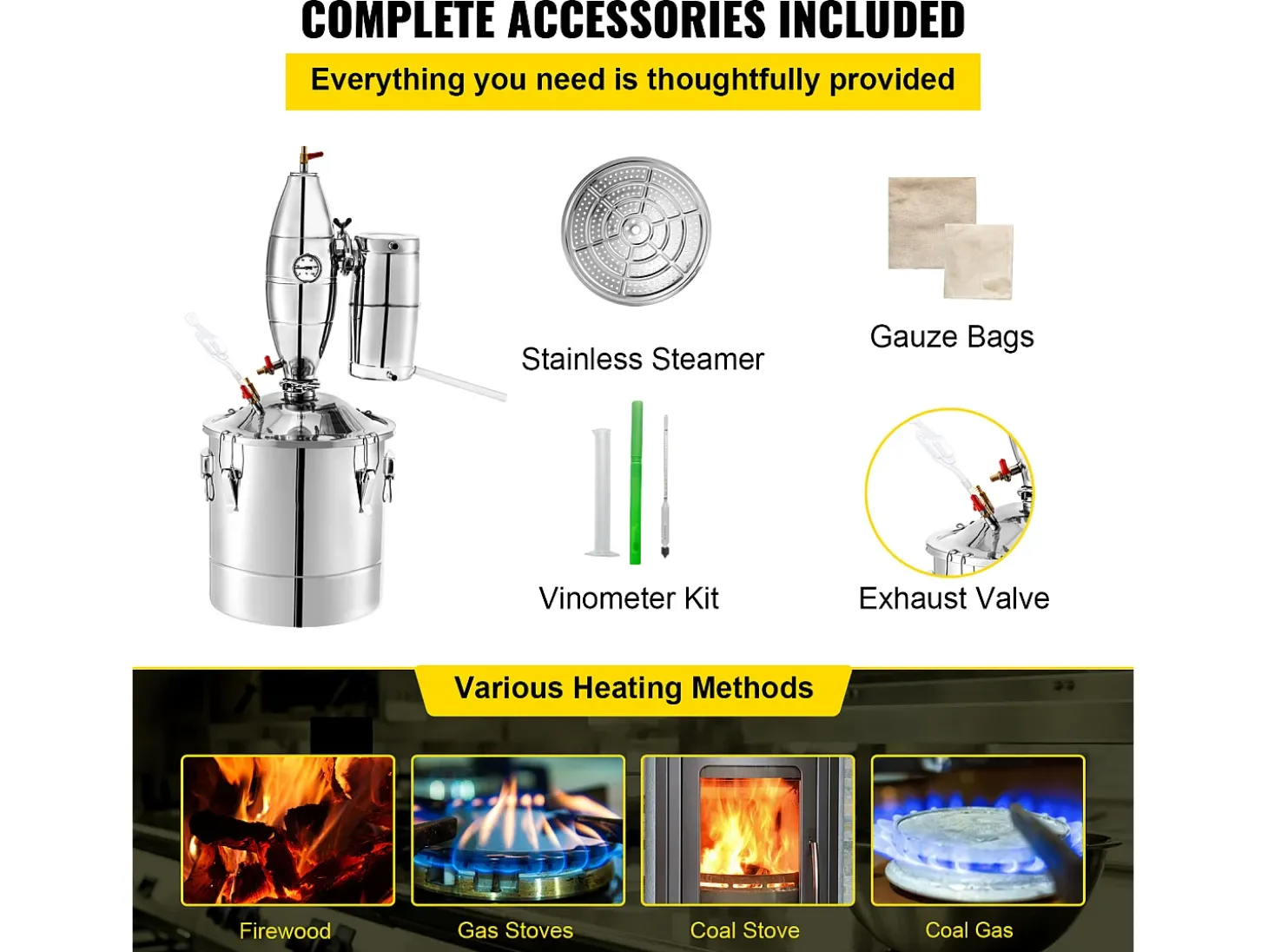 Destilador de Álcool SucceBuy Alambique 30 L Inox Kit de Fabricação Caseira, Destilador de Moonshine em Aço Inoxidável, Kit de Cerveja Artesanal Caseira