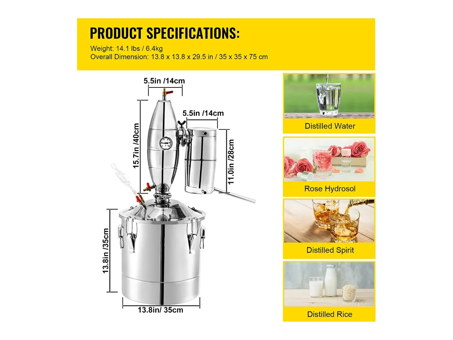 Destilador de Álcool SucceBuy Alambique 30 L Inox Kit de Fabricação Caseira, Destilador de Moonshine em Aço Inoxidável, Kit de Cerveja Artesanal Caseira