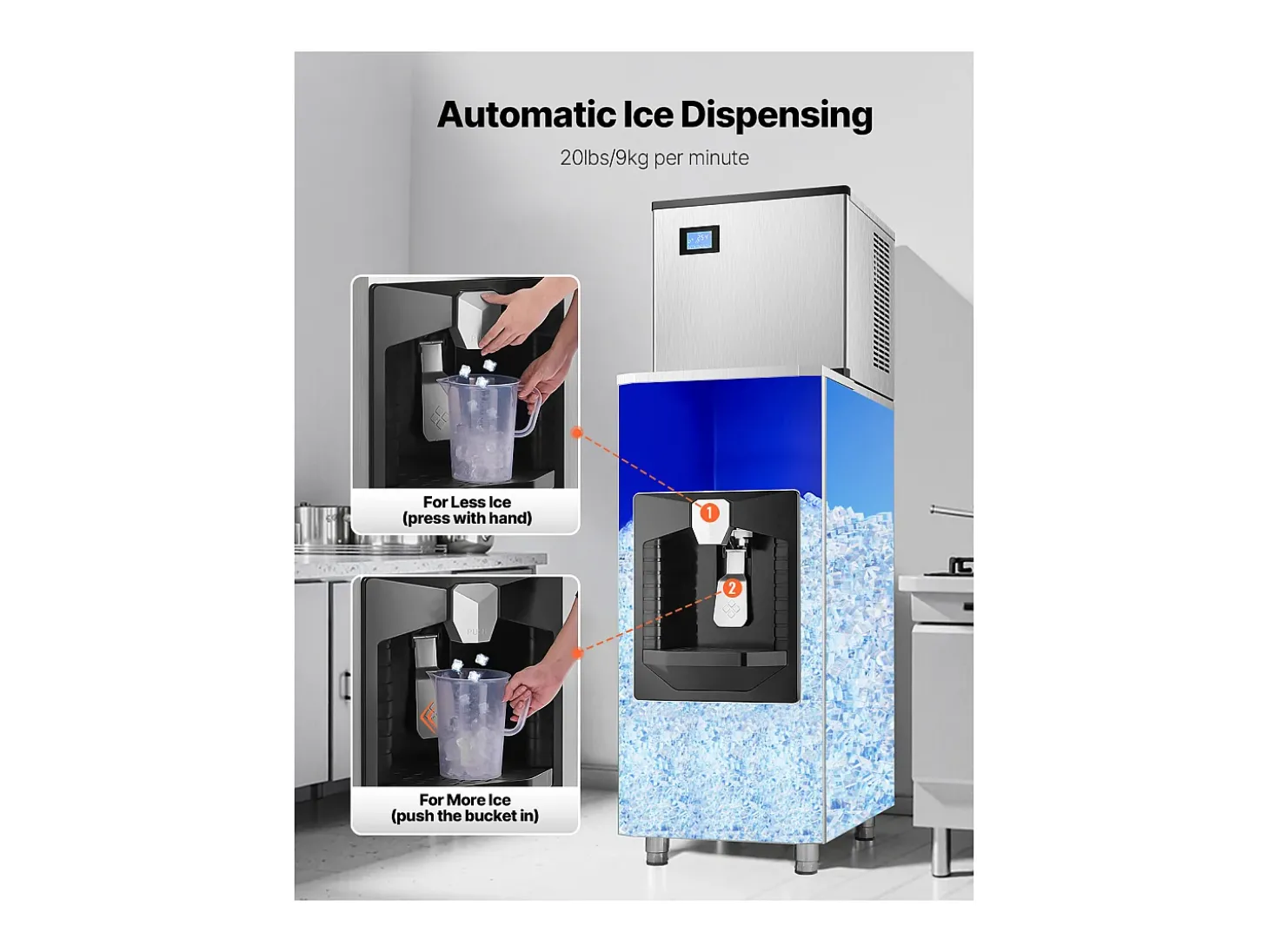 Dispensador de Cubos de Gelo SucceBuy, 9 kg/min, Dispensador Automático com Triturador, Pés com Altura Ajustável, para Máquina de Gelo de Escritório