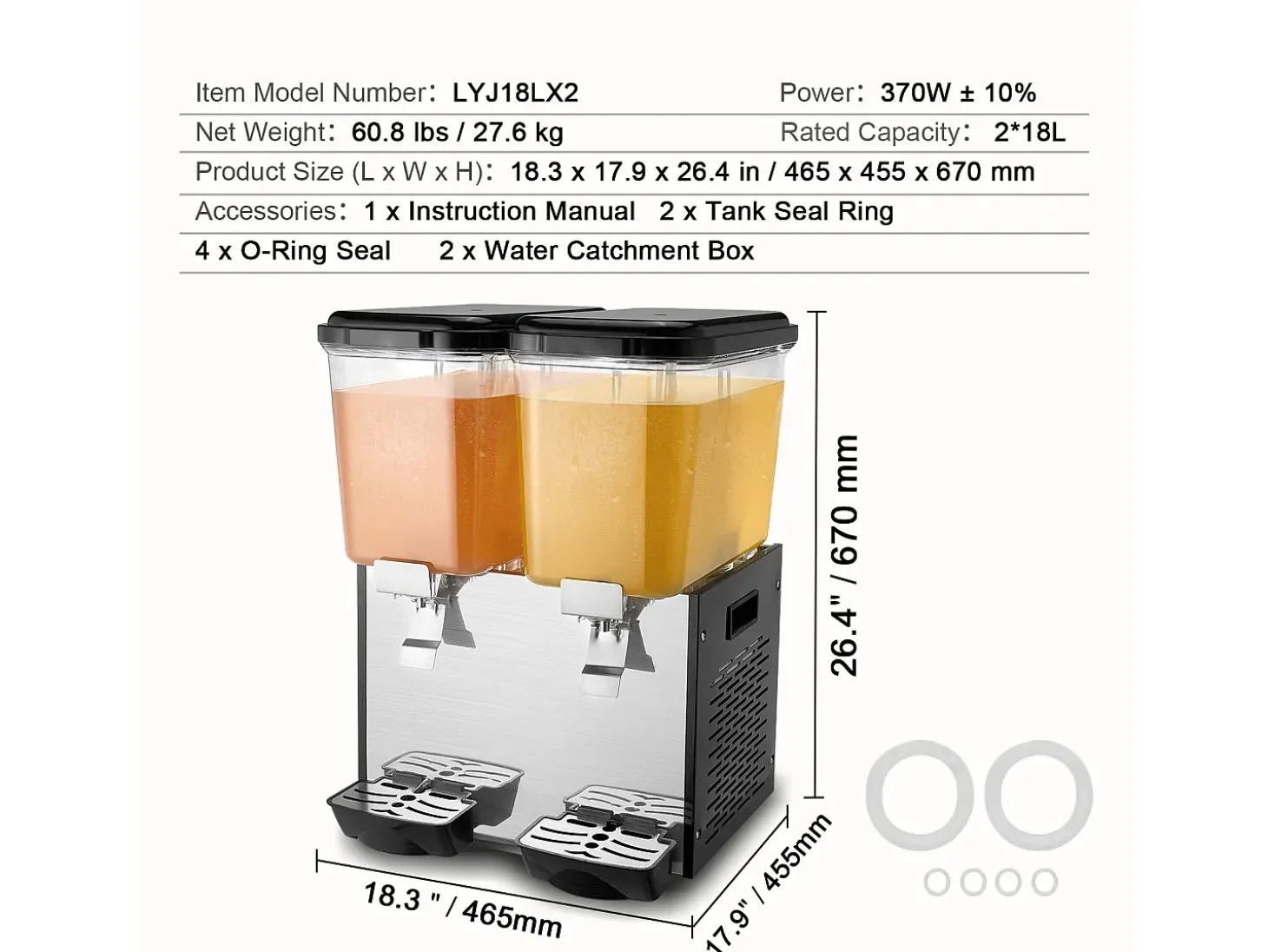 Distribuidor de Bebidas Comercial SucceBuy 18L x 2 Reservatórios, 370W, Distribuidor de Bebidas Frias para Festas
