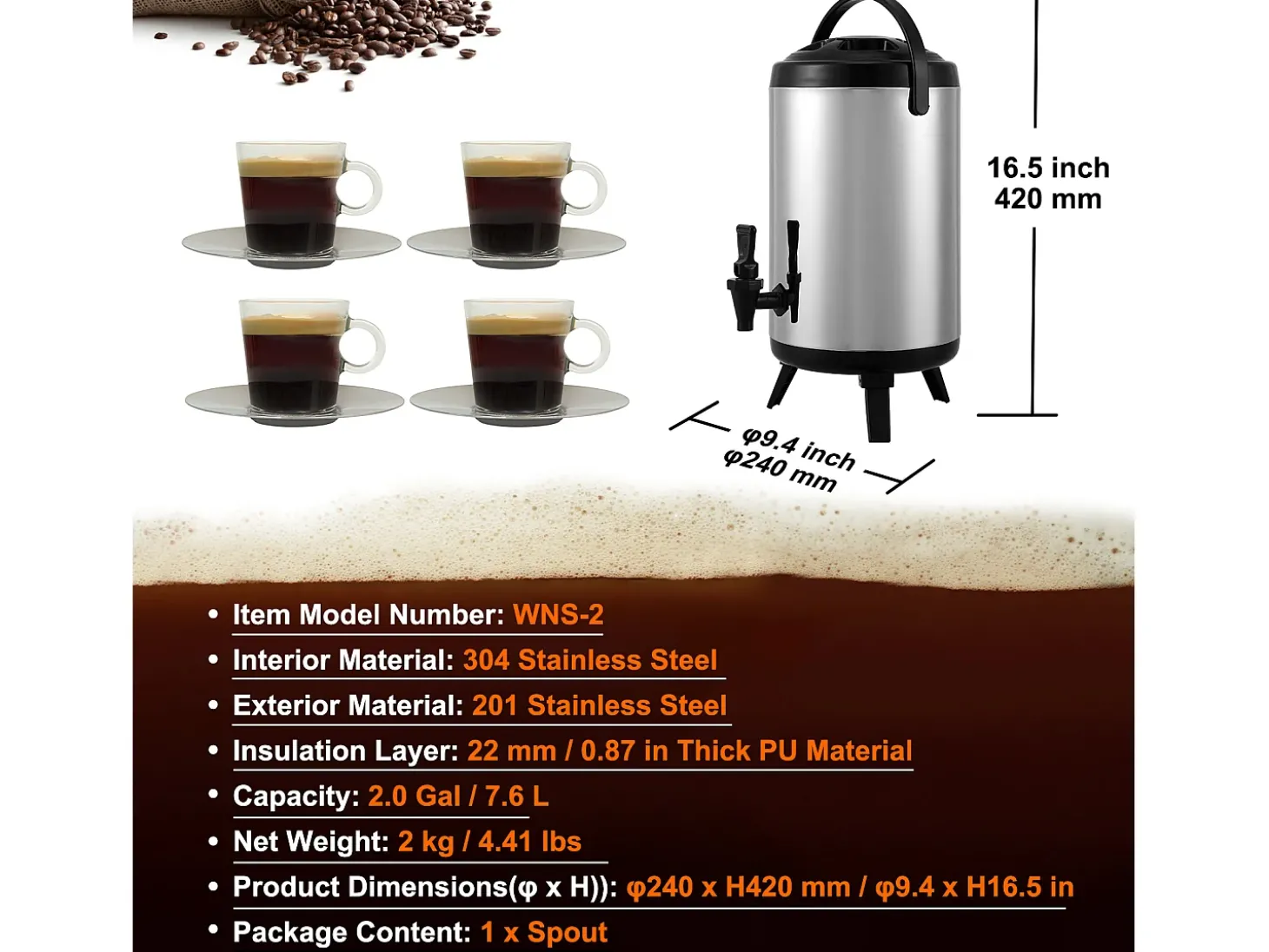 Distribuidor de Bebidas, SucceBuy 7,6 L Distribuidor de Bebidas Isolado em Aço Inoxidável