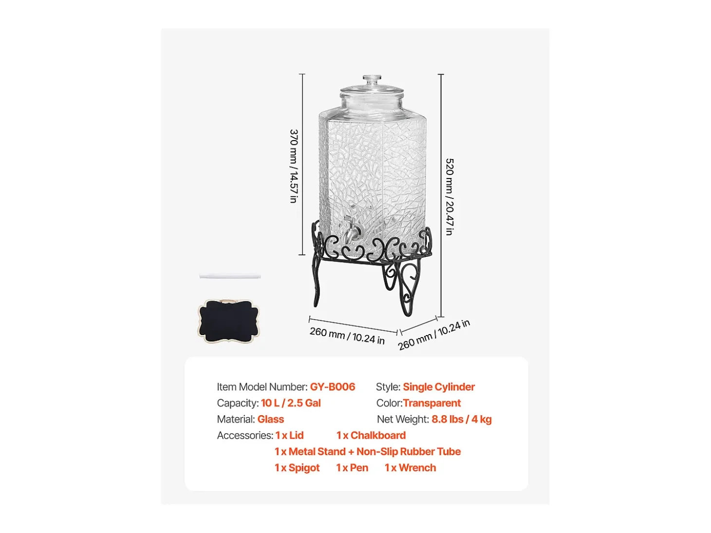 Distribuidor de Bebidas SucceBuy, Grande Capacidade de 10 L, Fonte de Água em Vidro, Distribuição de Água, Sumo, Limonada, Chá Gelado, para Café