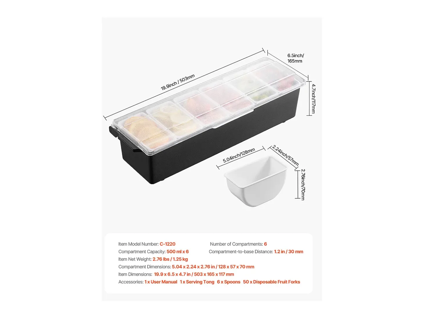 Distribuidor de Temperos Refrigerado SucceBuy, com 6 Compartimentos e Tampa, 50,3x16,5x11,7 cm