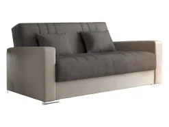 Divano letto 3 posti Sergio, Divano contenitore in ecopelle e tessuto, Sofà con apertura click-clack e 2 cuscini, 230x96h101 cm, Beige e Grigio