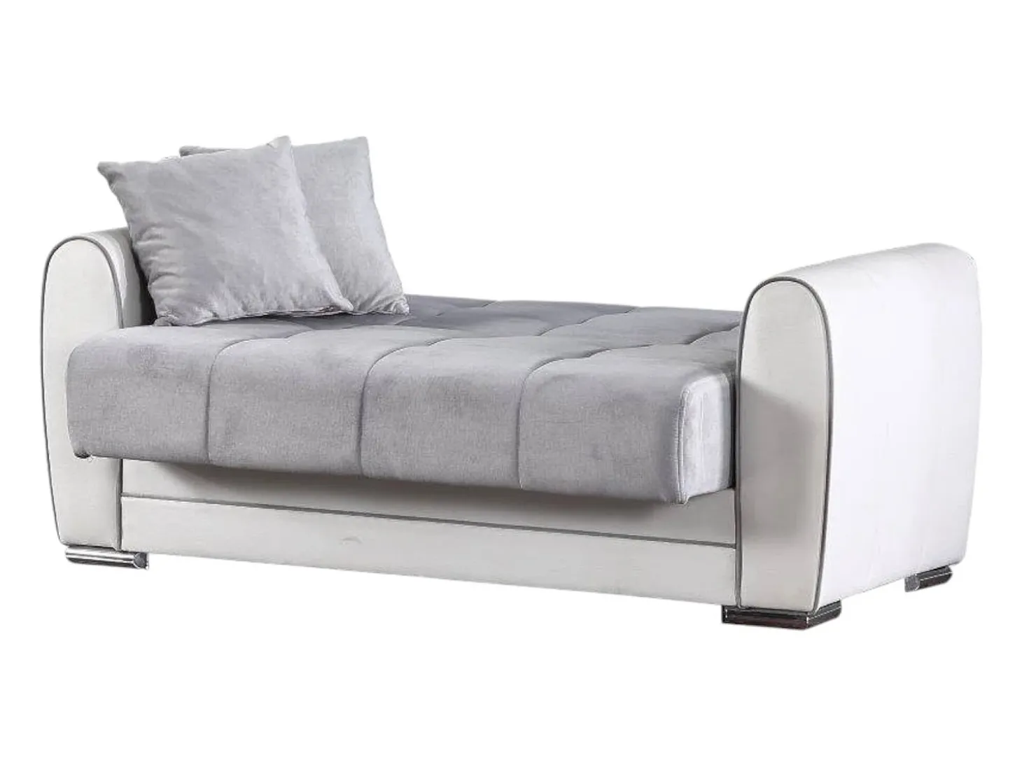 Divano letto con penisola Pablito, Divano contenitore reversibile in ecopelle e tessuto, Sofà apertura click-clack, 163x84h91 cm, Bianco e Grigio
