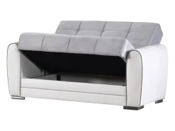Divano letto con penisola Pablito, Divano contenitore reversibile in ecopelle e tessuto, Sofà apertura click-clack, 163x84h91 cm, Bianco e Grigio