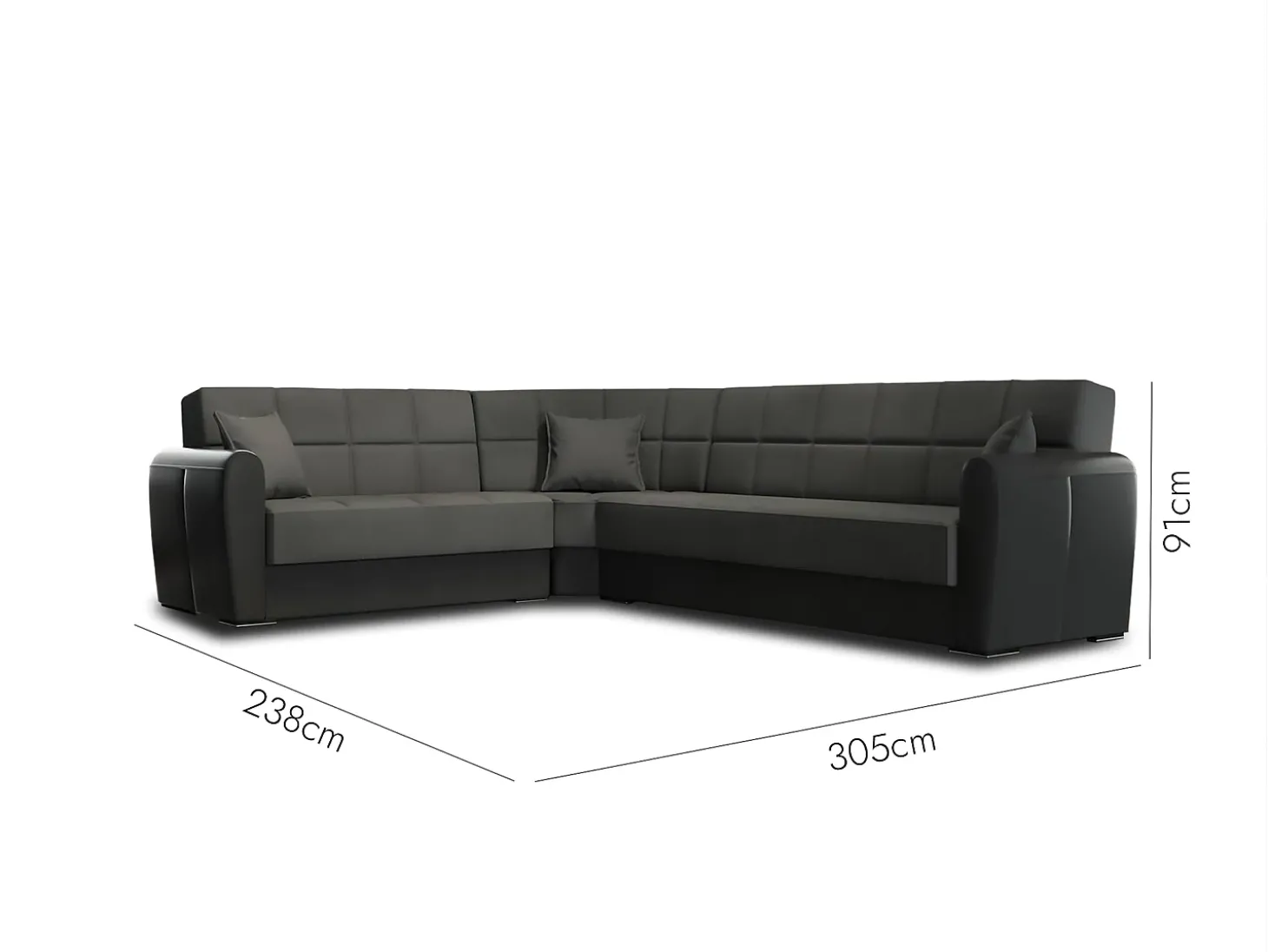Divano letto con penisola Matias, Divano contenitore ad angolo in ecopelle e tessuto, Sofà con apertura click-clack, 305x238h91 cm, Nero e Verde