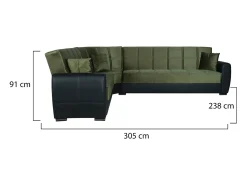 Divano letto con penisola Matias, Divano contenitore ad angolo in ecopelle e tessuto, Sofà con apertura click-clack, 305x238h91 cm, Nero e Verde