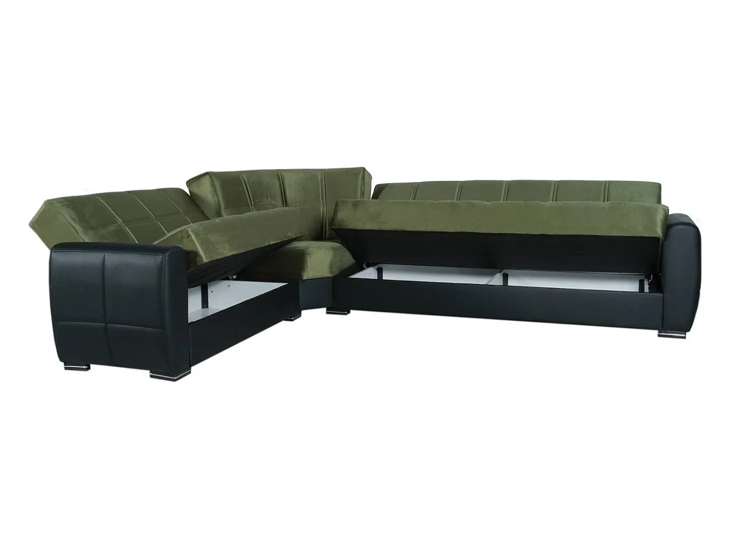 Divano letto con penisola Matias, Divano contenitore ad angolo in ecopelle e tessuto, Sofà con apertura click-clack, 305x238h91 cm, Nero e Verde