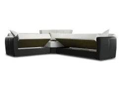 Divano letto con penisola Matias, Divano contenitore in ecopelle e tessuto, Sofà con apertura click-clack, 305x238h91 cm, Nero e Grigio Chiaro