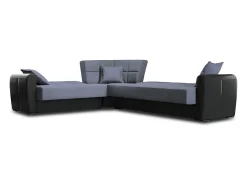 Divano letto con penisola Matias, Divano contenitore ad angolo in ecopelle e tessuto, Sofà con apertura click-clack, 305x238h91 cm, Nero e Grigio