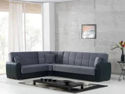 Divano letto con penisola Matias, Divano contenitore ad angolo in ecopelle e tessuto, Sofà con apertura click-clack, 305x238h91 cm, Nero e Grigio