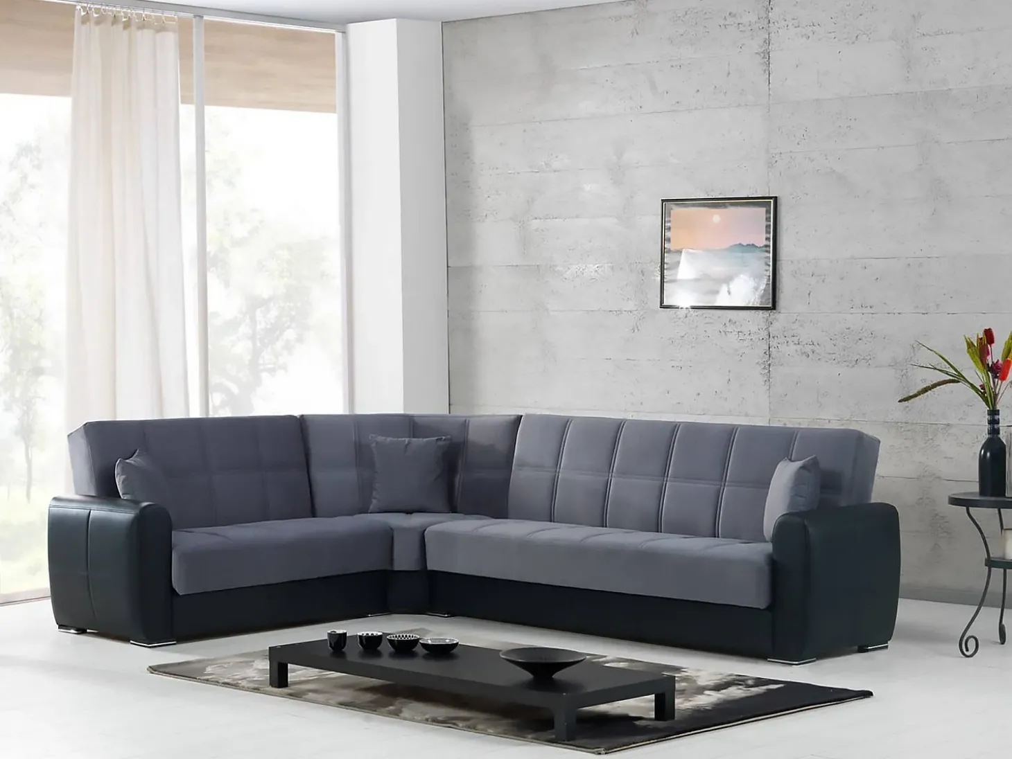 Divano letto con penisola Matias, Divano contenitore ad angolo in ecopelle e tessuto, Sofà con apertura click-clack, 305x238h91 cm, Nero e Grigio
