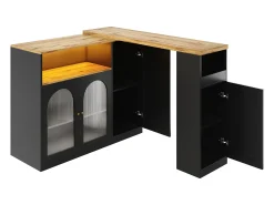 Draaibare barkast met 4 deuren en LED-verlichting - Glazen deuren - Houtnerf bovenblad - Zwart