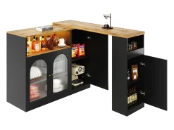 Draaibare barkast met 4 deuren en LED-verlichting - Glazen deuren - Houtnerf bovenblad - Zwart