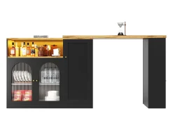 Draaibare barkast met 4 deuren en LED-verlichting - Glazen deuren - Houtnerf bovenblad - Zwart