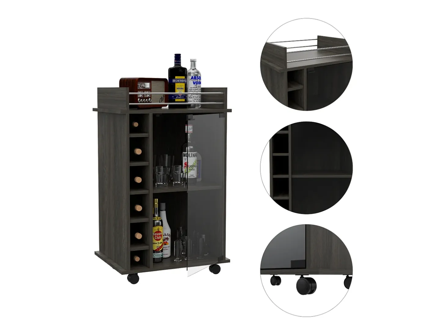 Dukat Bar Trolley, com rodas e porta de vidro