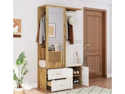 Elegante conjunto de roupeiro em branco e madeira crua com espelho, sapateira, banco para sapatos com ganchos e cabides deslizantes