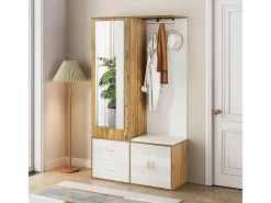 Elegante conjunto de roupeiro em branco e madeira crua com espelho, sapateira, banco para sapatos com ganchos e cabides deslizantes