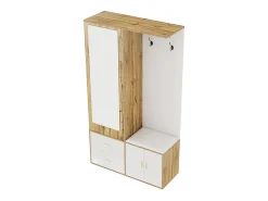 Elegante conjunto de roupeiro em branco e madeira crua com espelho, sapateira, banco para sapatos com ganchos e cabides deslizantes