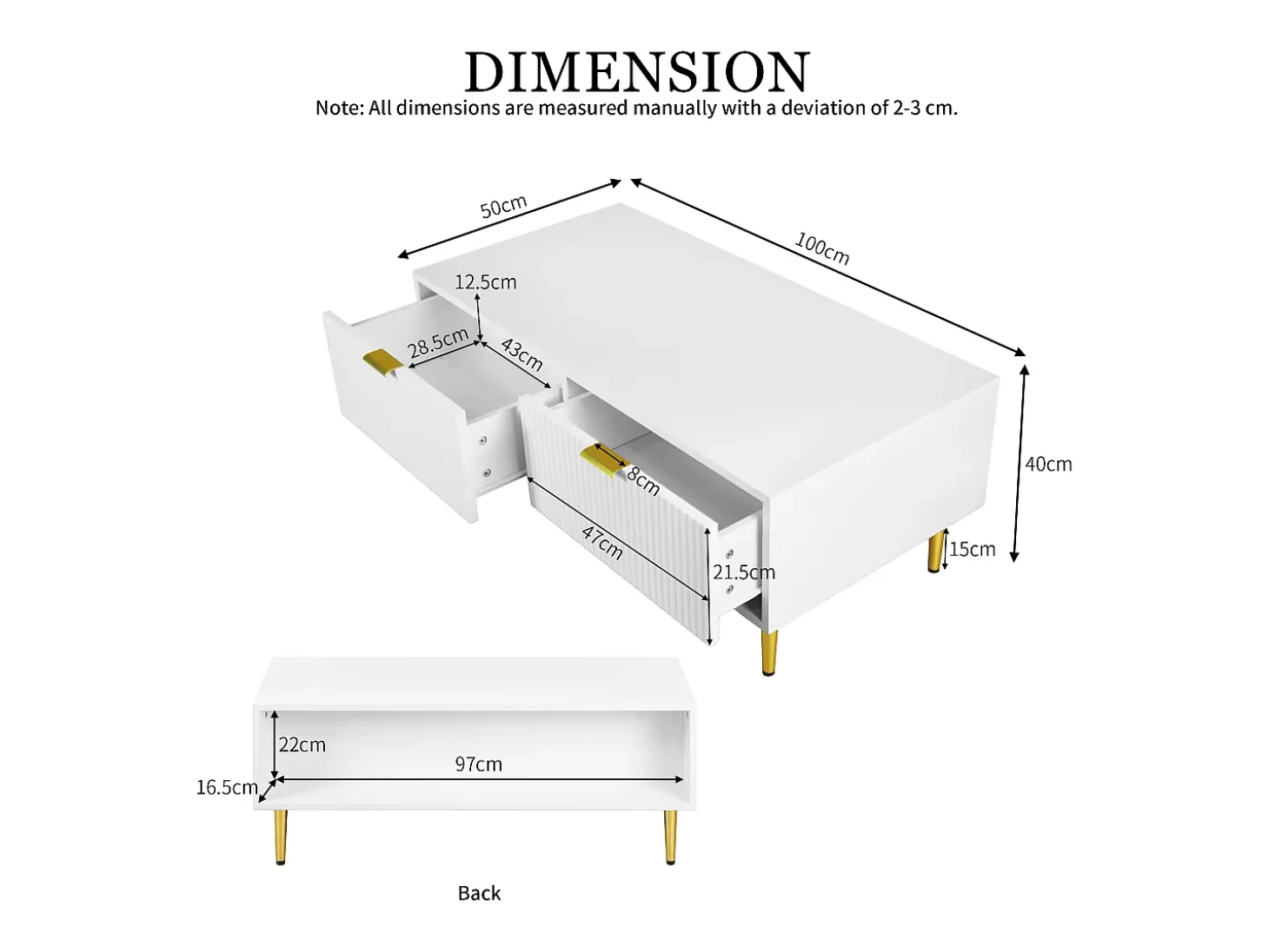 Elegante mesa de centro branca com decoração dourada, 2 gavetas, desenho listrado vertical, madeira MDF, 100 x 50 x 40 cm