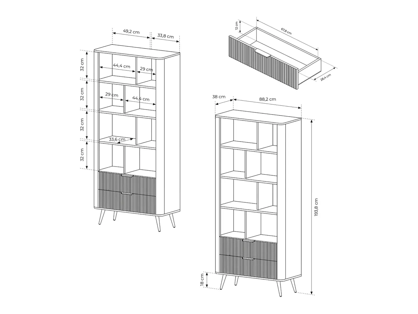 Estante: 2 gavetas, Preto, 88,2 x 38 x 193,8 cm