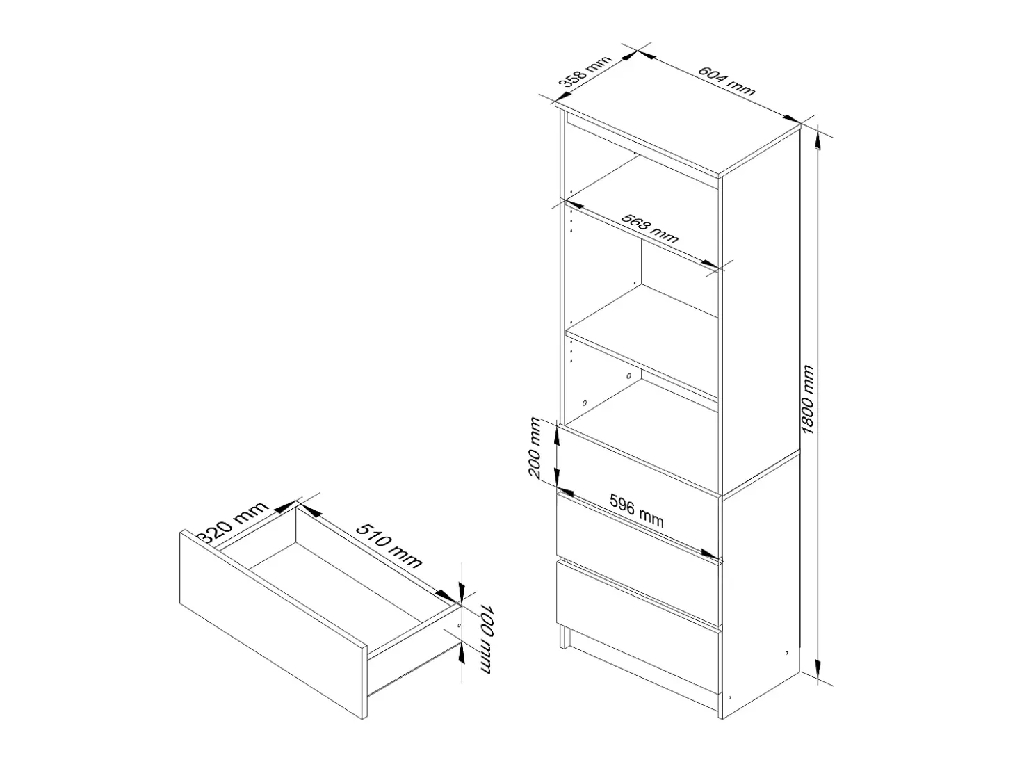 Estante Alta com Gavetas e Portas, 60cm, Branco, Laminado, Montagem DIY