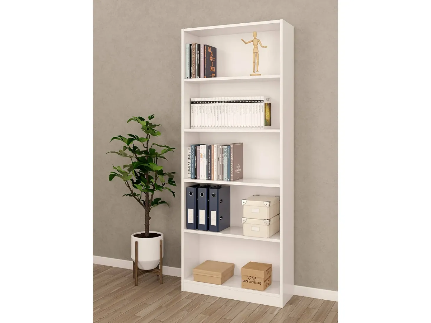 Estante Boston, Estante linear com 4 prateleiras, Estante de escritório ou quarto, Estante moderna, 80x28h201 cm, Branco