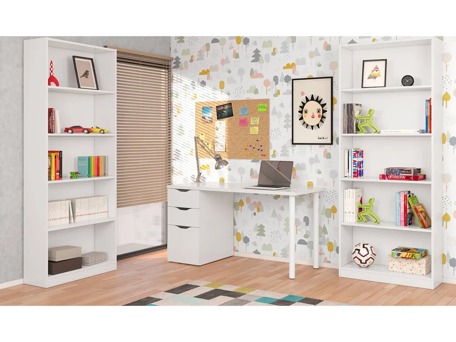 Estante Boston, Estante linear com 4 prateleiras, Estante de escritório ou quarto, Estante moderna, 80x28h201 cm, Branco