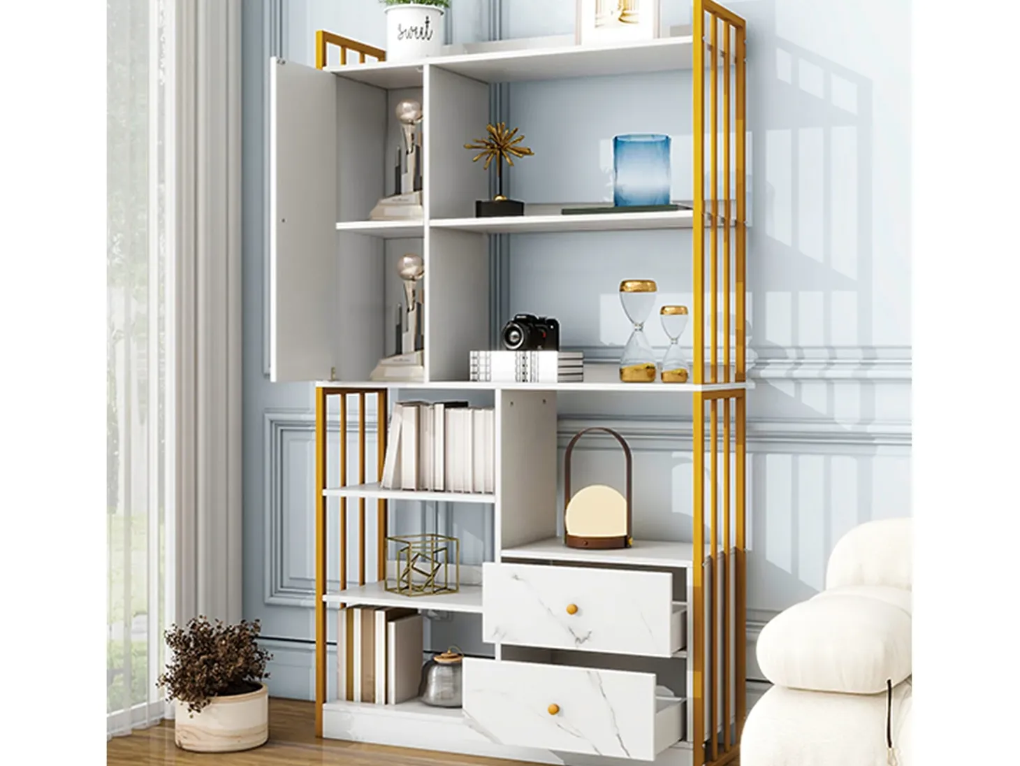 Estante com 5 prateleiras, 1 porta e 2 gavetas - estilo industrial - Branco e Dourado