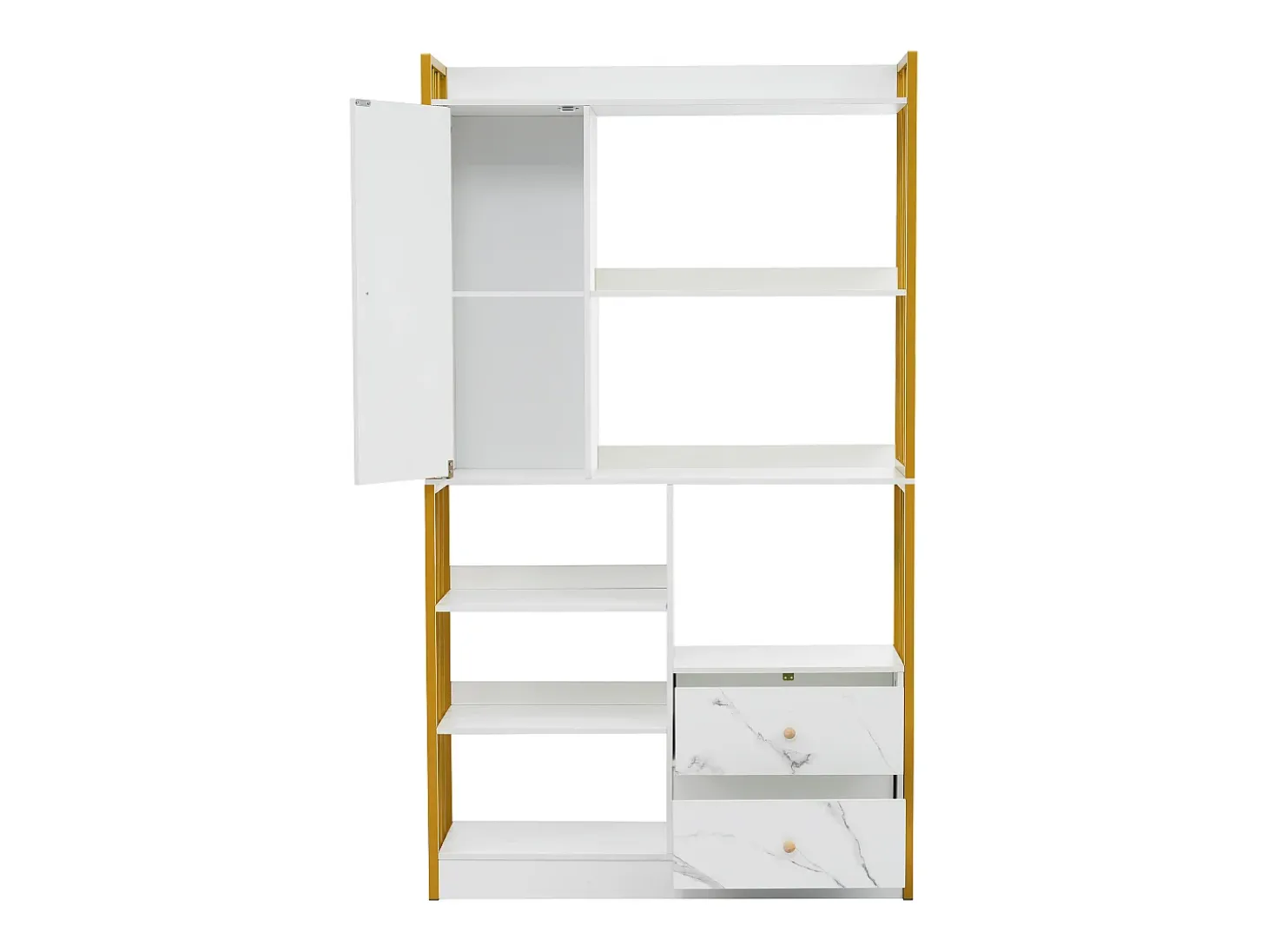 Estante com 5 prateleiras, 1 porta e 2 gavetas - estilo industrial - Branco e Dourado