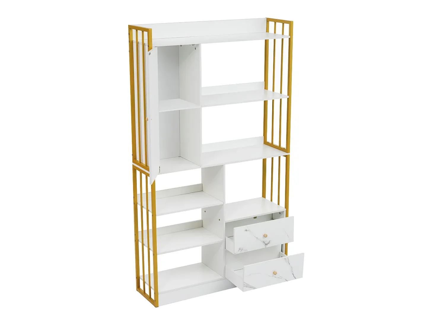 Estante com 5 prateleiras, 1 porta e 2 gavetas - estilo industrial - Branco e Dourado