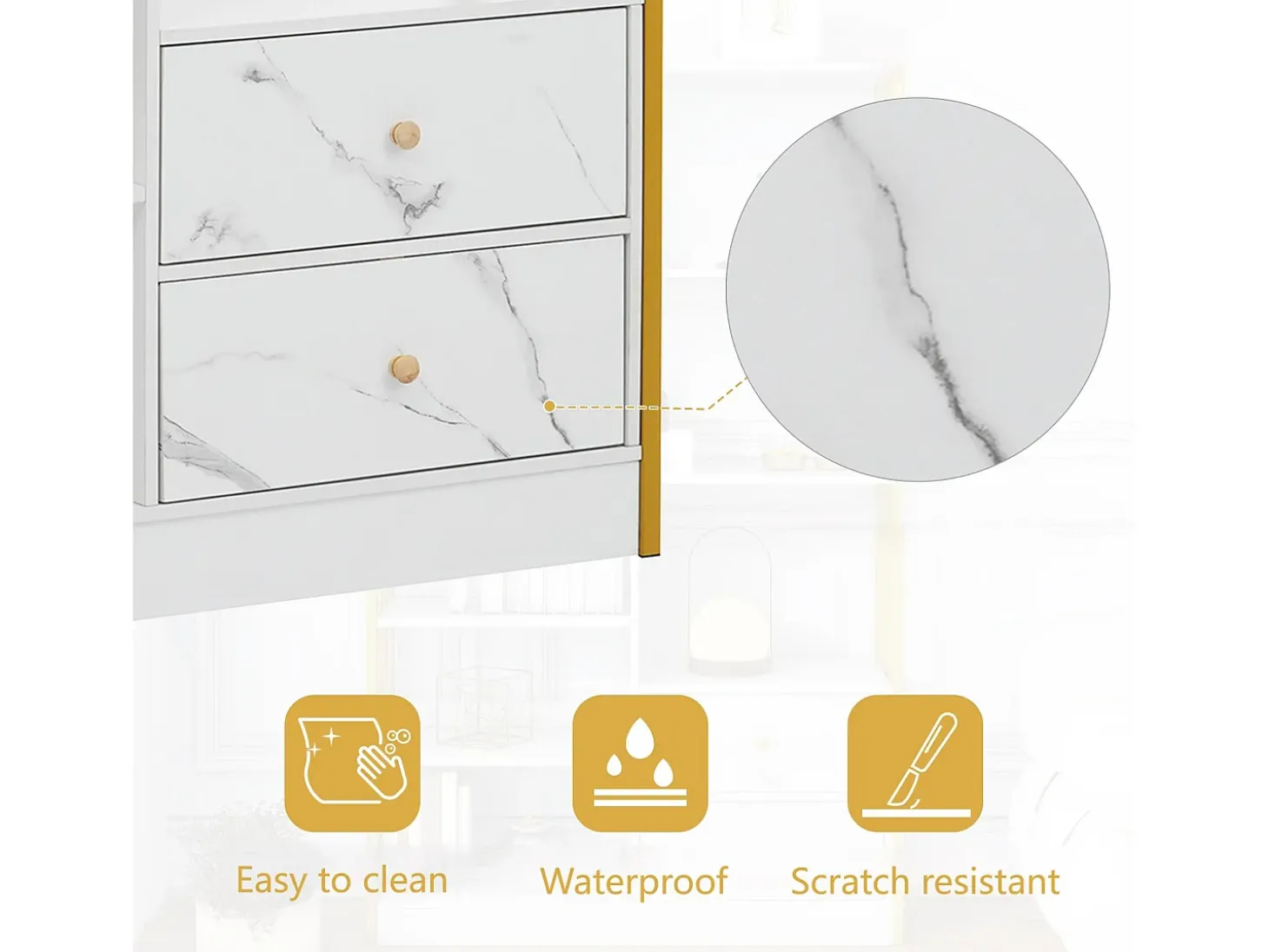 Estante com 5 prateleiras, 1 porta e 2 gavetas - estilo industrial - Branco e Dourado