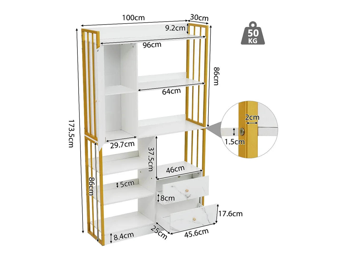 Estante com 5 prateleiras, 1 porta e 2 gavetas - estilo industrial - Branco e Dourado